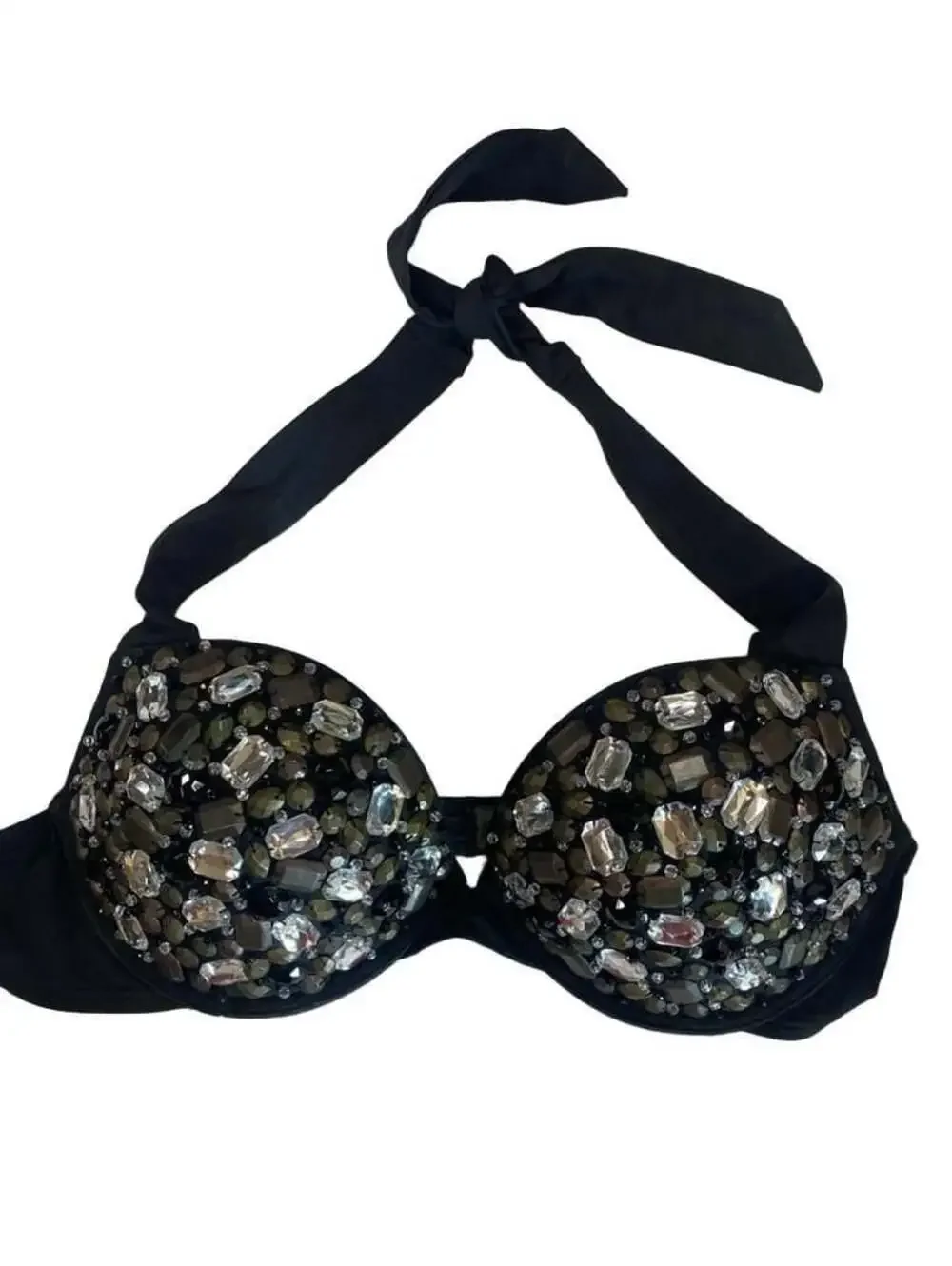 Victoria's Secret Black Rhinestone Jeweled Halter Bikini Top Size 36B